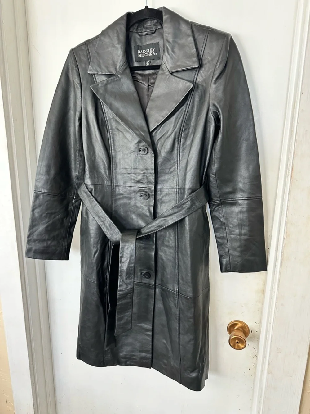 NWOT Badgley Mischka Black Leather Trench w/Belt Womens S - Picture 2 of 8